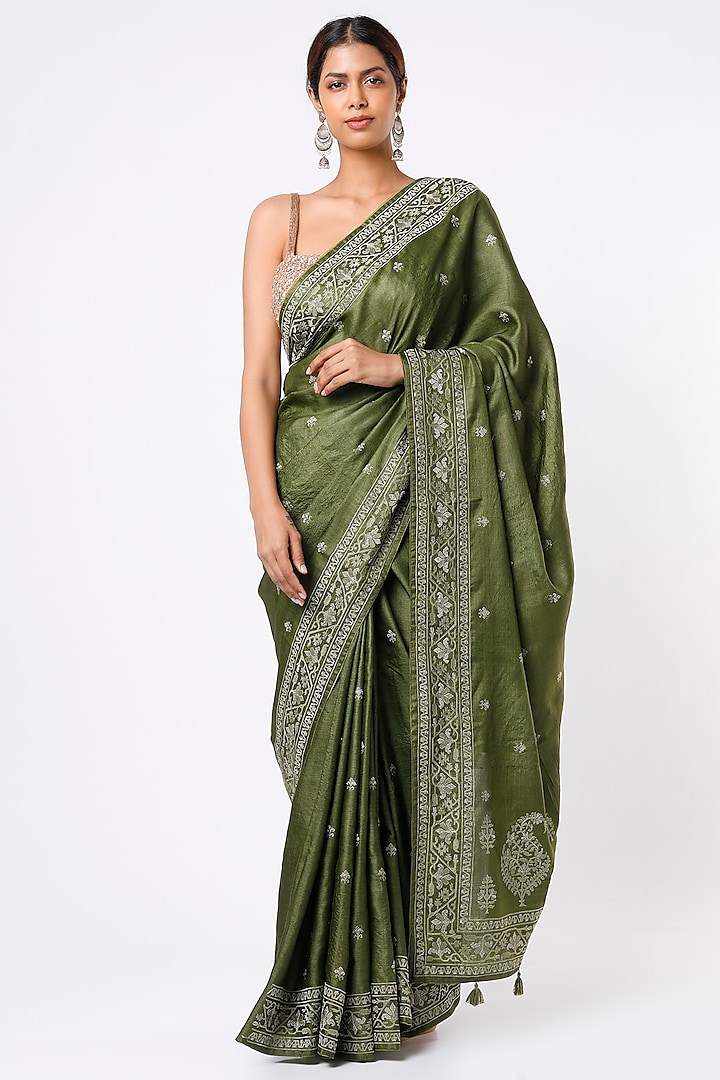 Mehendi Green Embroidered Saree Set by Turaja