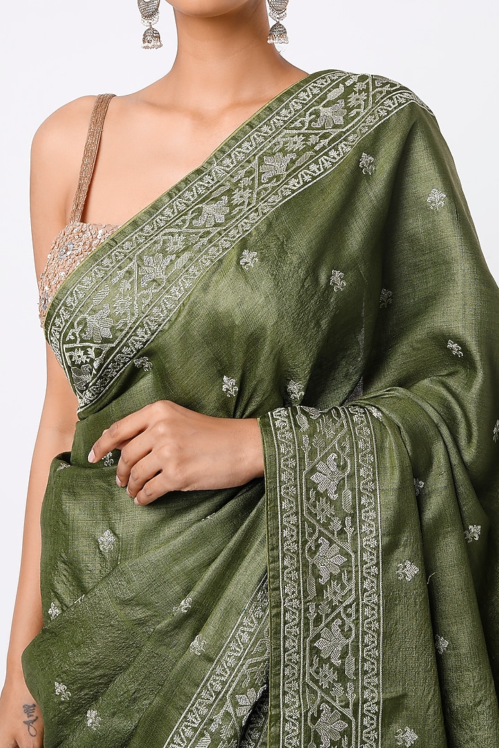 Mehendi Green Embroidered Festive Saree Set by Turaja at Pernia's Pop Up Shop