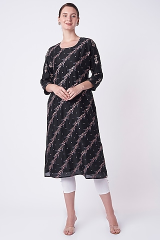 Black Floral Embroidered Kurta  by Turaja