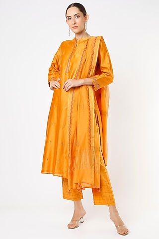 Mustard Embroidered Kurta Set by Turaja