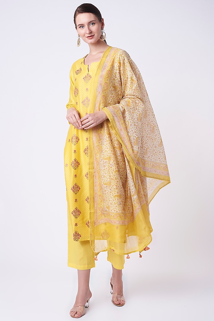 Bright Yellow Embroidered Kurta Set by Turaja