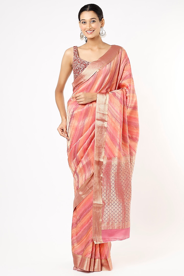 Pink & Gold Dyed Saree by Turaja