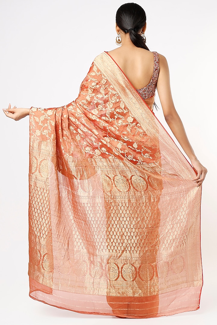 Burnt Orange Jaal Work Party Wear Saree by Turaja at Pernia's Pop Up Shop