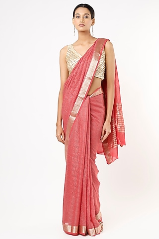 Bright Pink Handwoven Zari Saree by Turaja