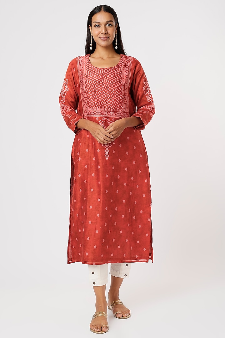 Fiery Red Embroidered Kurta by Turaja