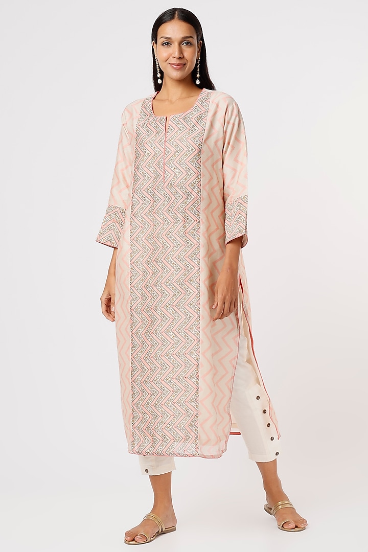 Beige Digital Printed Kurta by Turaja