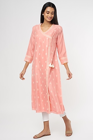 Pastel Pink Embroidered Angrakha Kurta by Turaja