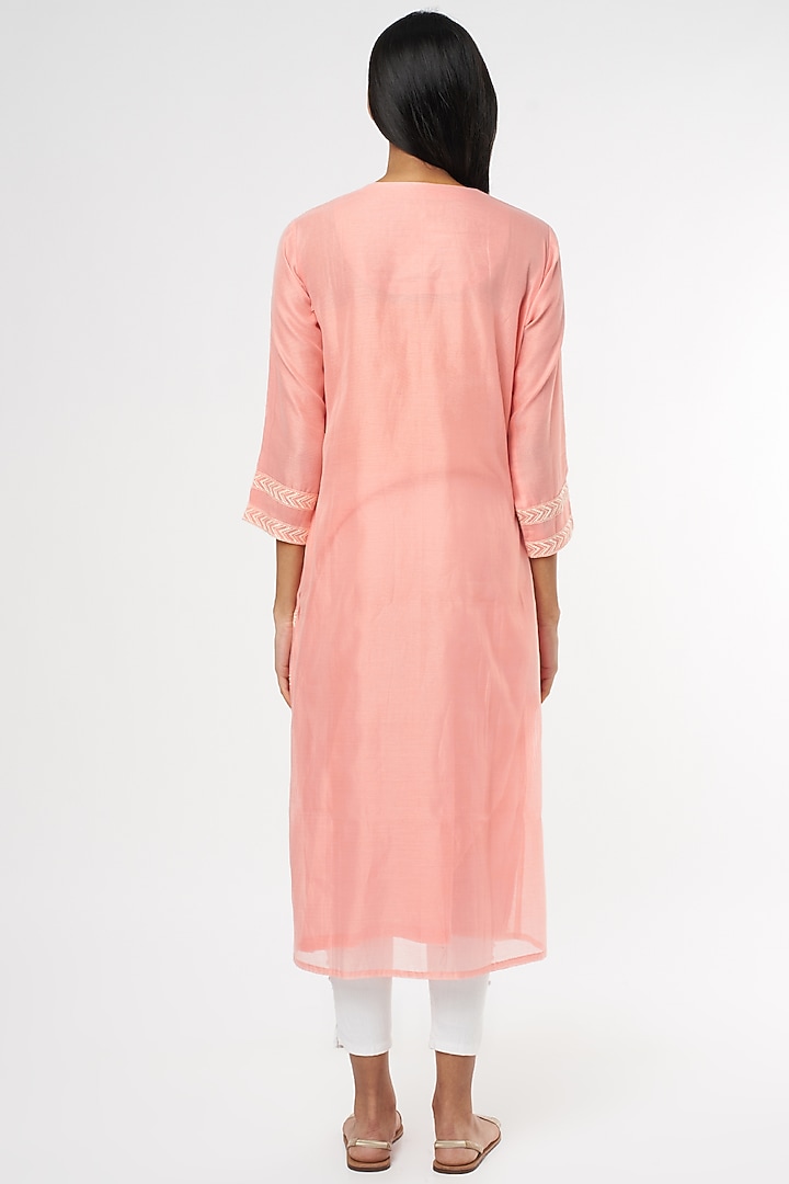 Pastel Pink Embroidered Angrakha Kurta by Turaja at Pernia's Pop Up Shop