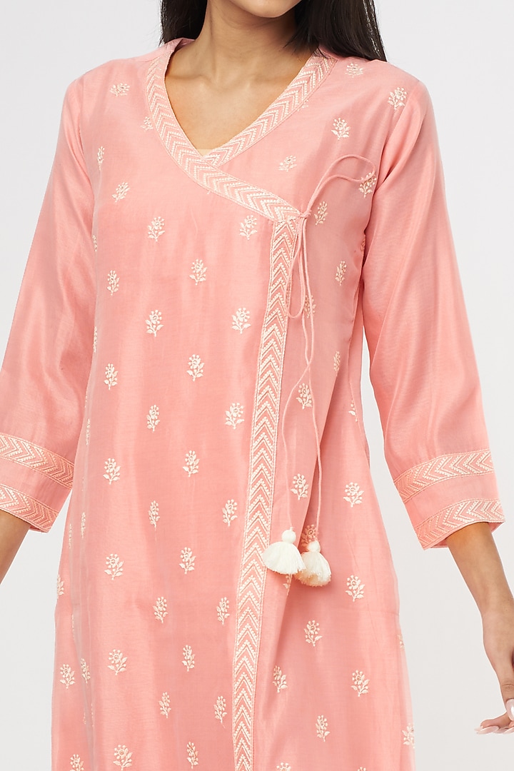 Pastel Pink Embroidered Angrakha Kurta by Turaja at Pernia's Pop Up Shop