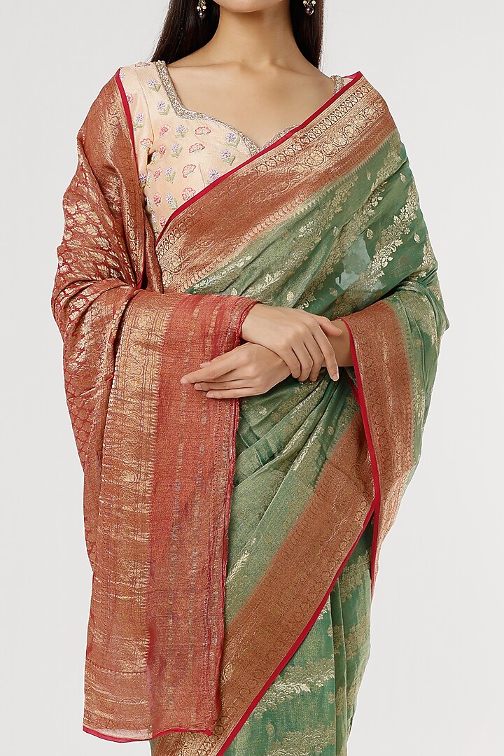 Green Pure Georgette Tissue Zari Work Party Wear Saree by Turaja at Pernia's Pop Up Shop