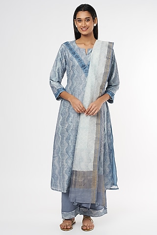 Blue Embroidered & Printed Kurta Set by Turaja