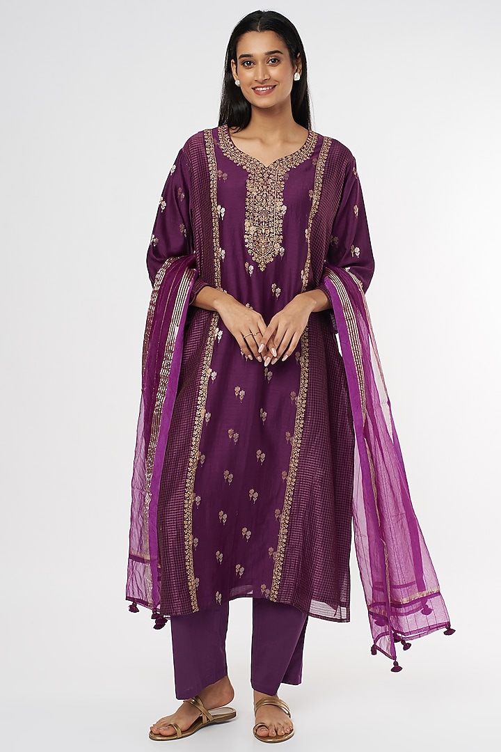 Purple Embroidered Woven Kurta Set by Turaja