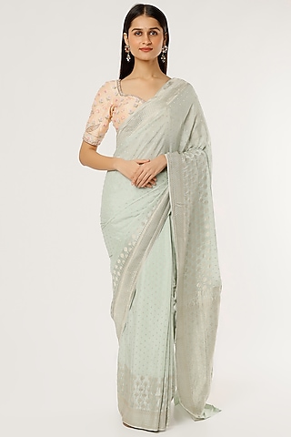 Pastel Blue Pure Crepe Zari Boota Work Saree by Turaja