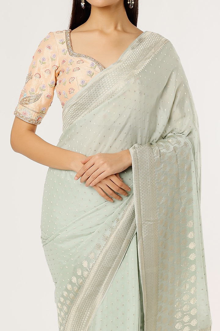 Pastel Blue Pure Crepe Zari Boota Work Party Wear Saree by Turaja at Pernia's Pop Up Shop
