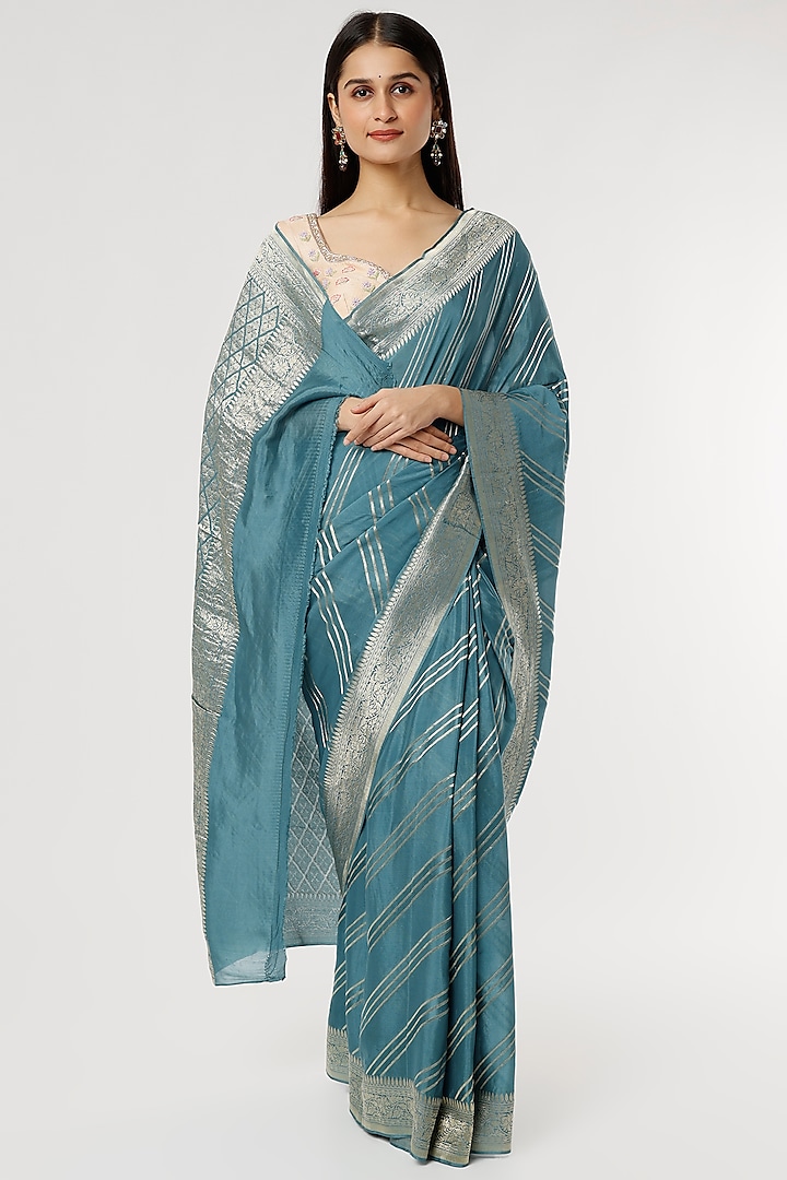 Prussian Blue Pure Crepe Zari Embroidered Saree Set by Turaja