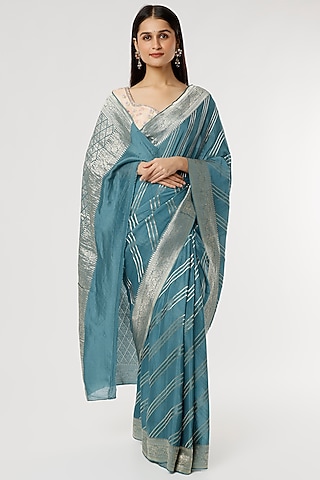 Prussian Blue Pure Crepe Zari Embroidered Saree Set by Turaja