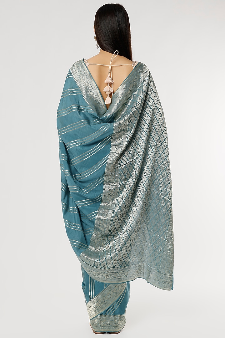 Prussian Blue Pure Crepe Zari Embroidered Party Wear Saree Set by Turaja at Pernia's Pop Up Shop
