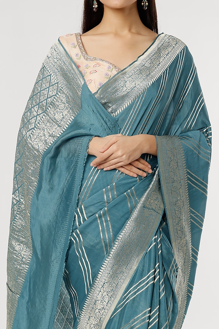 Prussian Blue Pure Crepe Zari Embroidered Party Wear Saree Set by Turaja at Pernia's Pop Up Shop