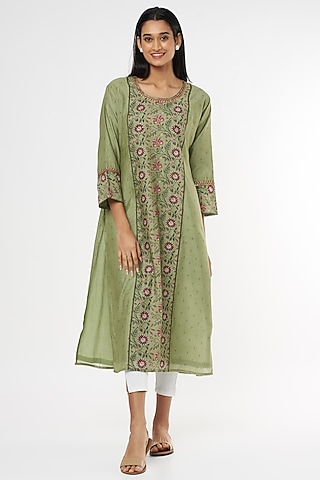 Green Embroidered & Printed Kurta by Turaja