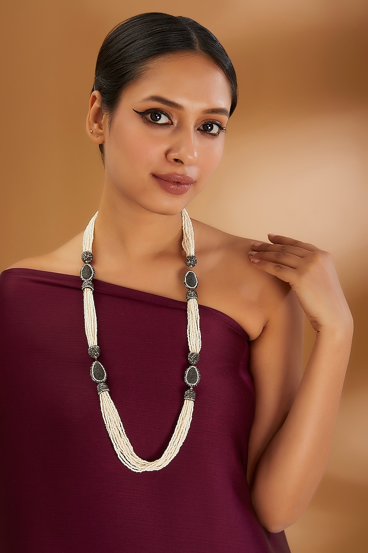 Two-Tone Finish Semi-Precious Stone & Pearl Necklace by Turquoise Jewels at Pernia's Pop Up Shop