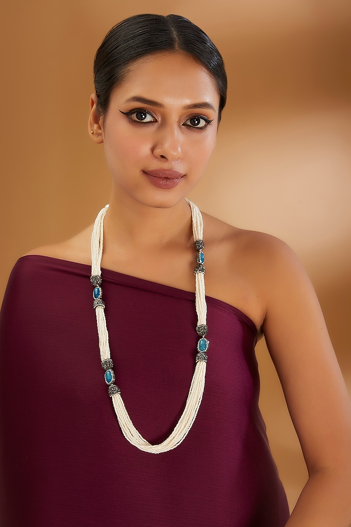 Two-Tone Finish Semi-Precious Stone & Pearl Necklace by Turquoise Jewels at Pernia's Pop Up Shop