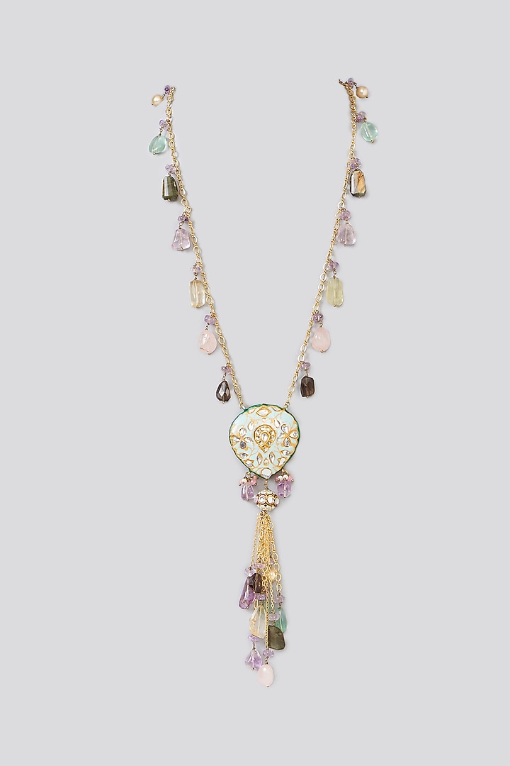 Gold Finish Semi-Precious Stone Meenakari Necklace by Turquoise Jewels at Pernia's Pop Up Shop