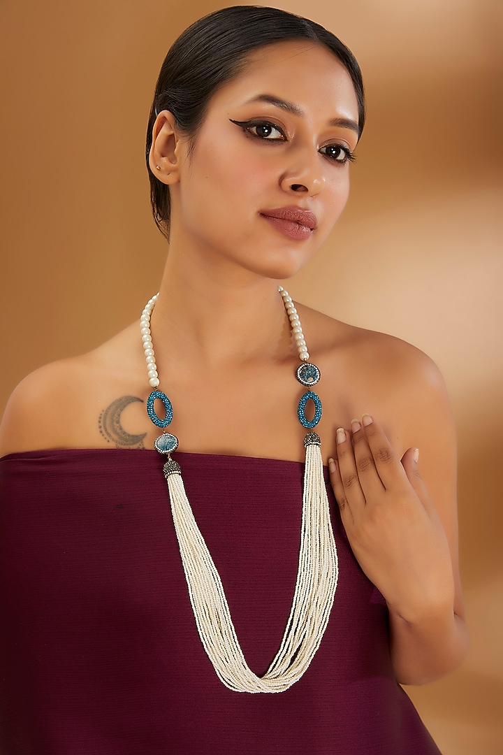 Two-Tone Finish Semi-Precious Stone & Pearl Necklace by Turquoise Jewels at Pernia's Pop Up Shop