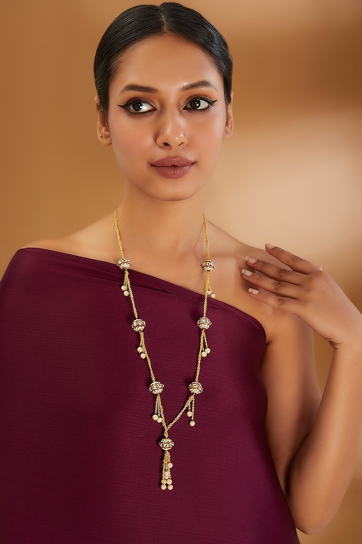 Gold Finish Pearl Enameled Meenakari Necklace by Turquoise Jewels at Pernia's Pop Up Shop