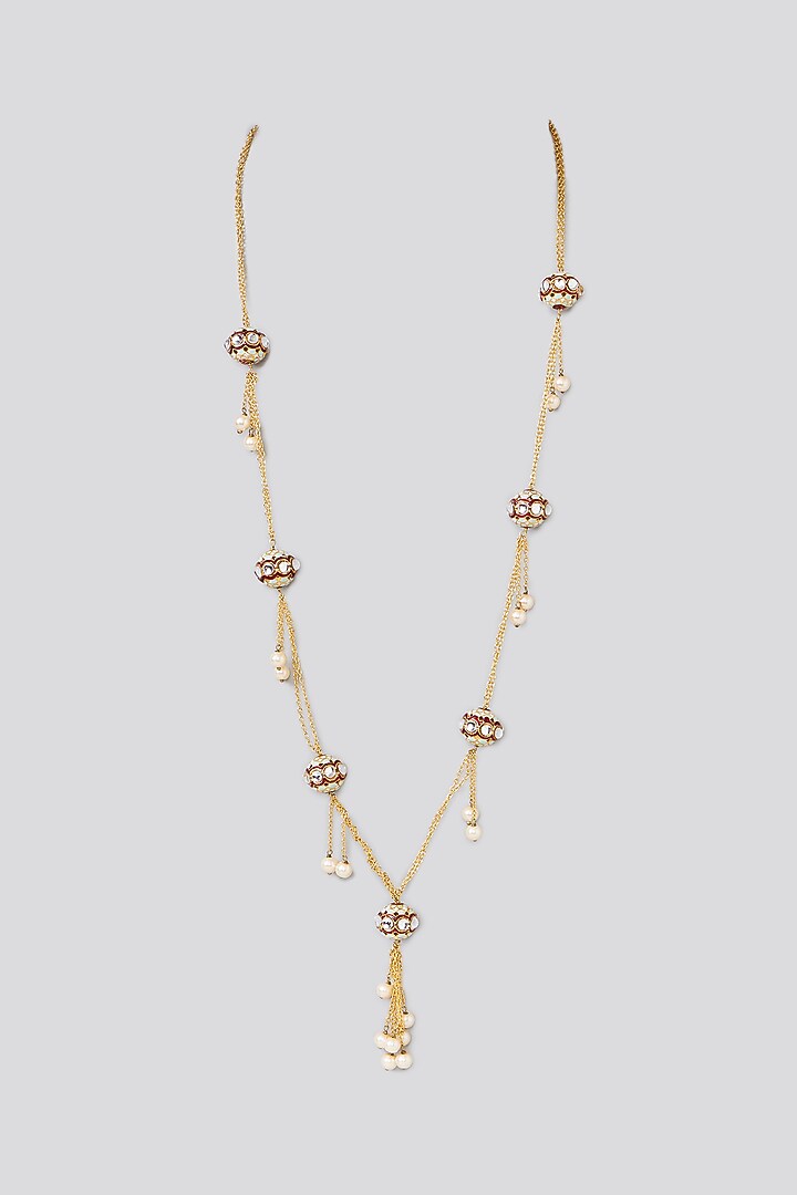 Gold Finish Pearl Enameled Meenakari Necklace by Turquoise Jewels at Pernia's Pop Up Shop