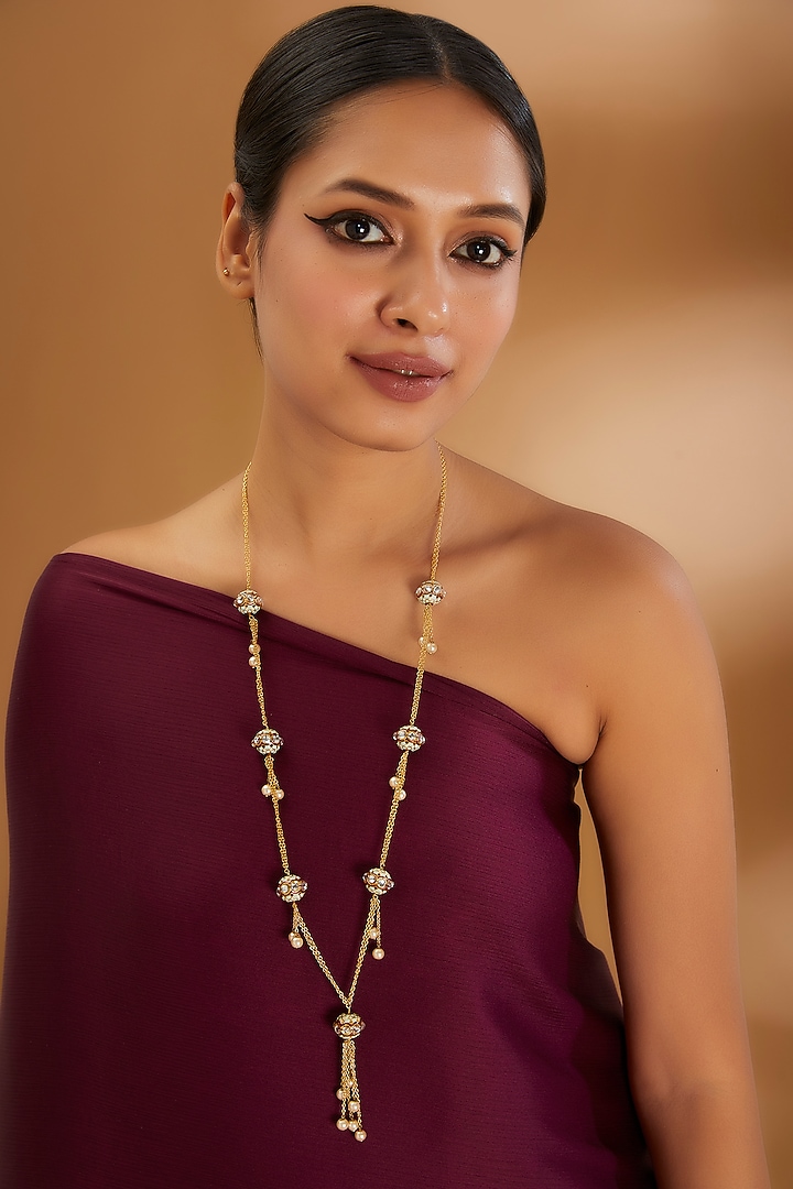 Gold Finish Pearl Meenakari Necklace by Turquoise Jewels at Pernia's Pop Up Shop
