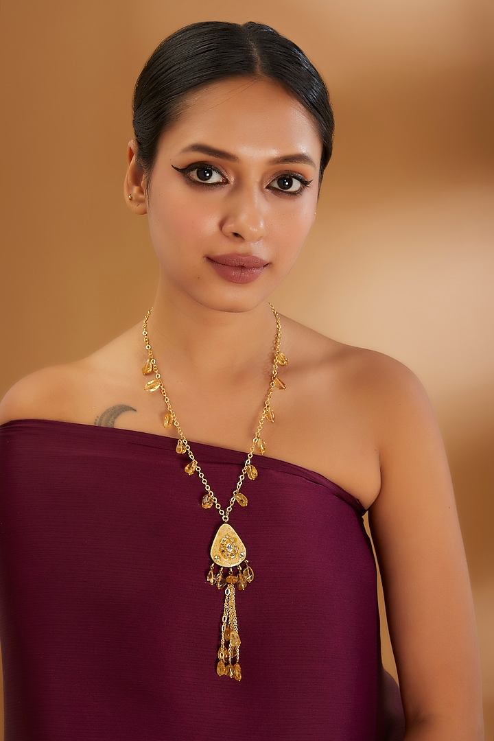 Gold Finish Semi-Precious Stone Meenakari Necklace by Turquoise Jewels at Pernia's Pop Up Shop