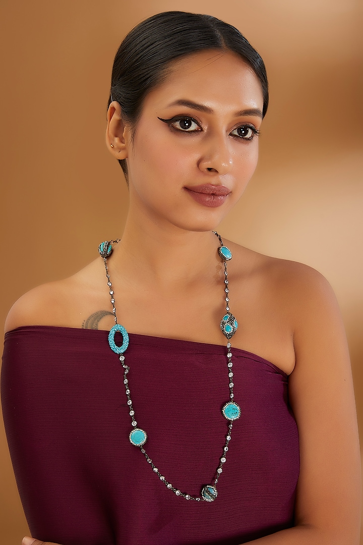 Black Rhodium Finish Semi-Precious Stone & Beaded Necklace by Turquoise Jewels at Pernia's Pop Up Shop