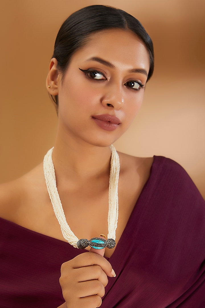 Two-Tone Finish Semi-Precious Stone & Beaded Necklace by Turquoise Jewels at Pernia's Pop Up Shop