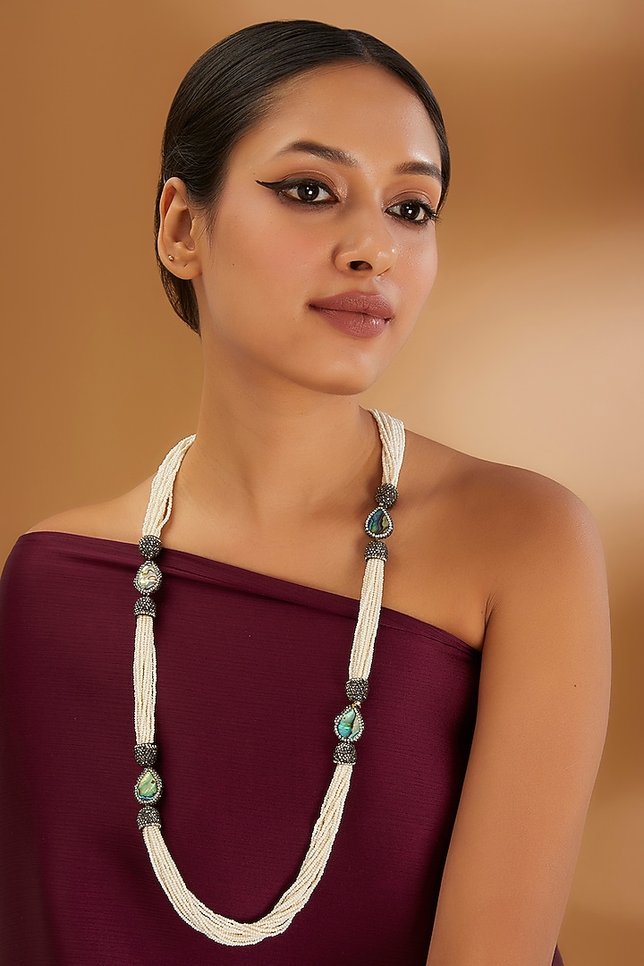 Two-Tone Finish Semi-Precious Stone & Beaded Necklace by Turquoise Jewels at Pernia's Pop Up Shop