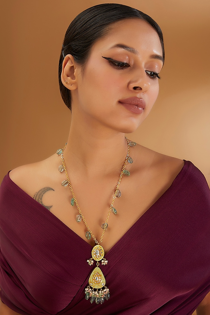 Gold Finish Semi-Precious Stone Meenakari Necklace by Turquoise Jewels at Pernia's Pop Up Shop