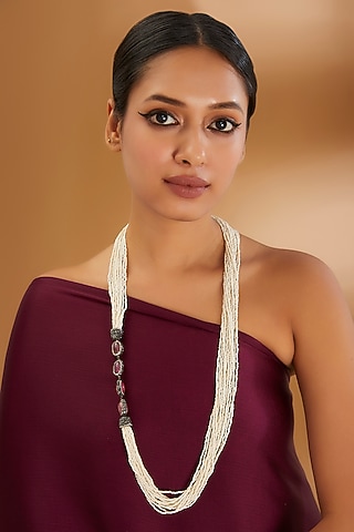 Two-Tone Finish Semi-Precious Stone & Beaded Necklace by Turquoise Jewels