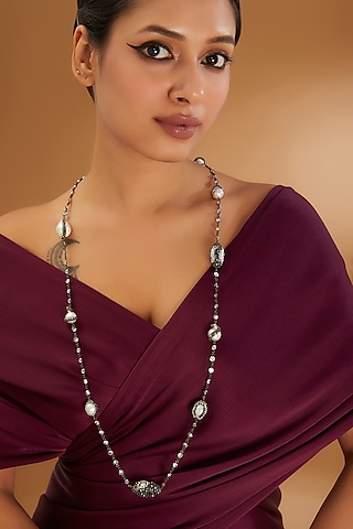 Black Rhodium Finish Semi-Precious Stone & Beaded Necklace by Turquoise Jewels
