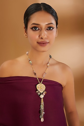 Gold Finish Multi-Colored Semi-Precious Stone Enameled Meenakari Necklace by Turquoise Jewels