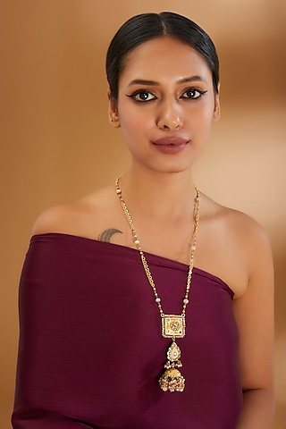 Gold Finish Peach Semi-Precious Stone Enameled Meenakari Necklace by Turquoise Jewels