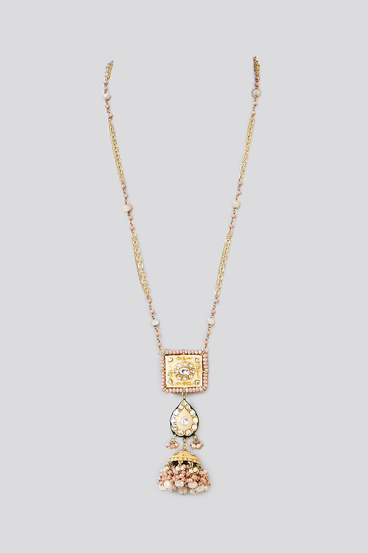 Gold Finish Peach Semi-Precious Stone Enameled Meenakari Necklace by Turquoise Jewels at Pernia's Pop Up Shop