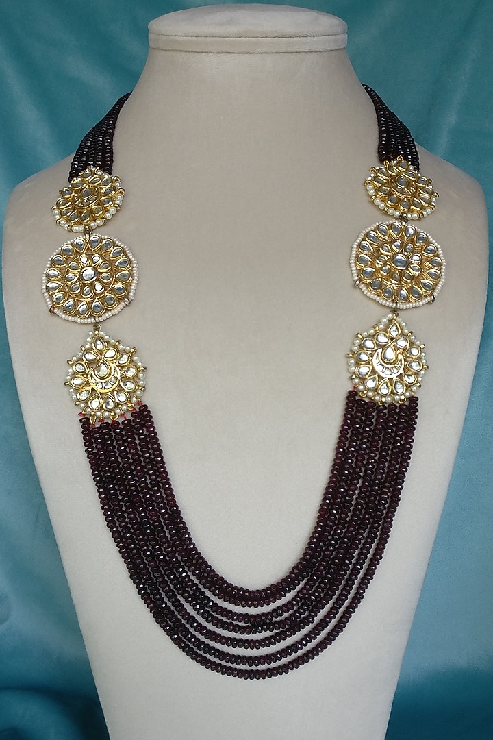 Gold Finish Kundan Polki & Maroon Stone Long Necklace by Turquoise Jewels at Pernia's Pop Up Shop