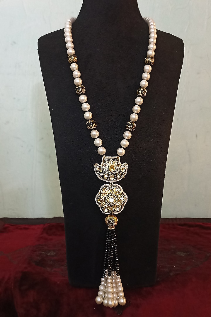 Gold Finish Kundan Polki & Black Stone Long Necklace by Turquoise Jewels at Pernia's Pop Up Shop