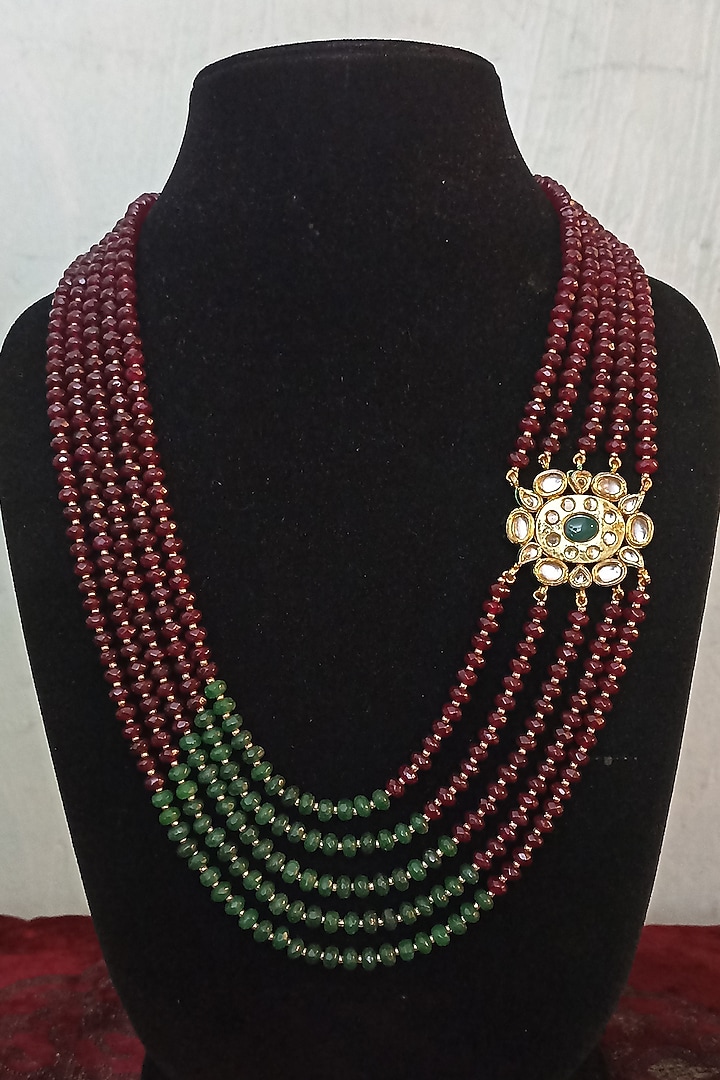 Gold Finish Red & Green Semi-Precious Stone Mala by Turquoise Jewels at Pernia's Pop Up Shop
