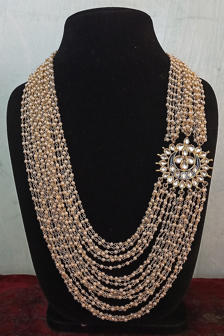 Gold Finish Kundan Polki & Pearl Mala by Turquoise Jewels at Pernia's Pop Up Shop