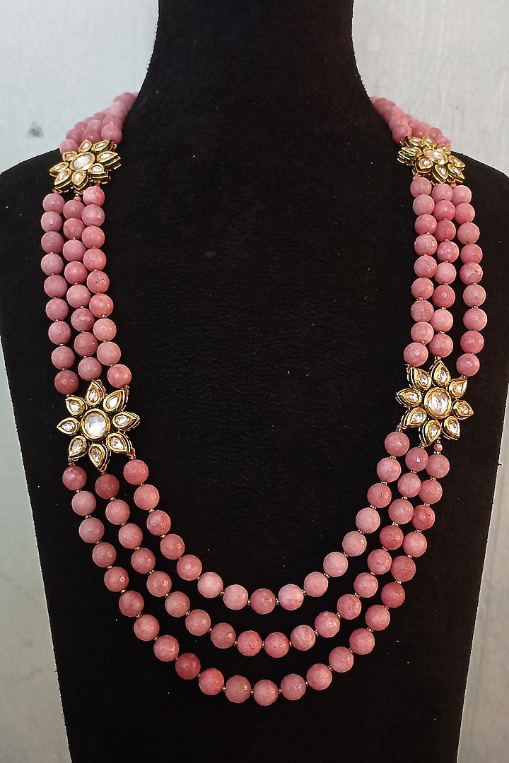 Gold Finish Kundan Polki & Pink Semi-precious Stone Mala by Turquoise Jewels at Pernia's Pop Up Shop