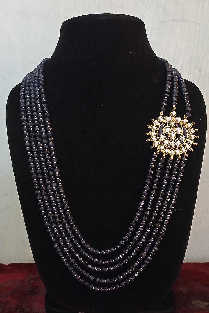 Gold Finish Kundan Polki & Blue Semi-precious Stone Mala by Turquoise Jewels at Pernia's Pop Up Shop