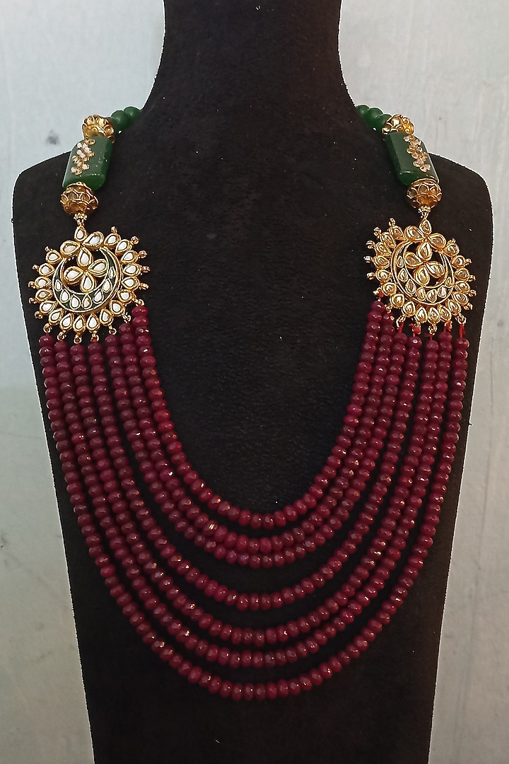 Gold Finish Green & Red Semi-precious Stone Mala by Turquoise Jewels at Pernia's Pop Up Shop