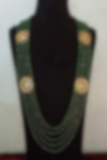 Gold Finish Kundan Polki & Green Semi-precious Stone Mala by Turquoise Jewels at Pernia's Pop Up Shop