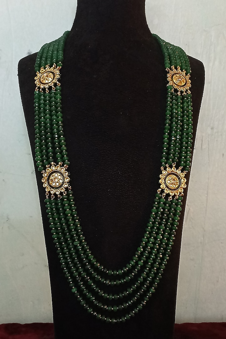 Gold Finish Kundan Polki & Green Semi-precious Stone Mala by Turquoise Jewels at Pernia's Pop Up Shop