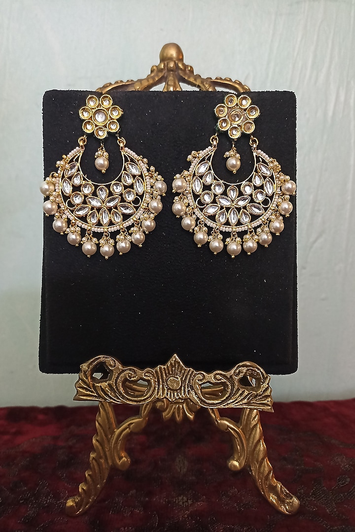 Gold Finish Kundan Polki & Pearl Chandbali Earrings by Turquoise Jewels at Pernia's Pop Up Shop